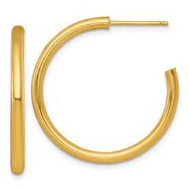 Polished 14k gold 2.5 x 30mm post hoop earrings by Solomon Jewelers, shown in close-up image.