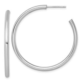 14k white gold polished post hoop earrings, 2.5 x 40mm, featuring a sleek and shiny design from Solomon Jewelers.
