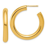 Polished 14K gold 5.0 x 35mm post hoop earrings with a sleek, shiny finish, designed by Solomon Jewelers.