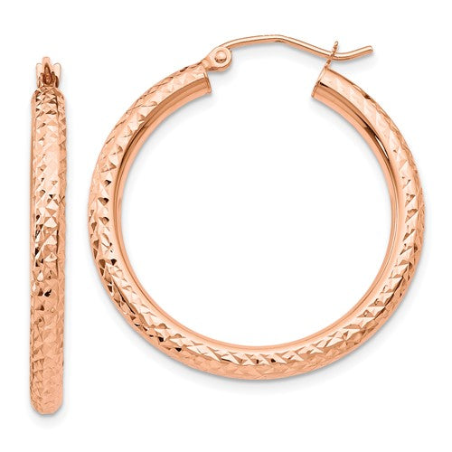 14k-rose-gold-diamond-cut-3mm-round-hoop-earrings-SolomonJeweler-Wichita-KS-CustomJewelry