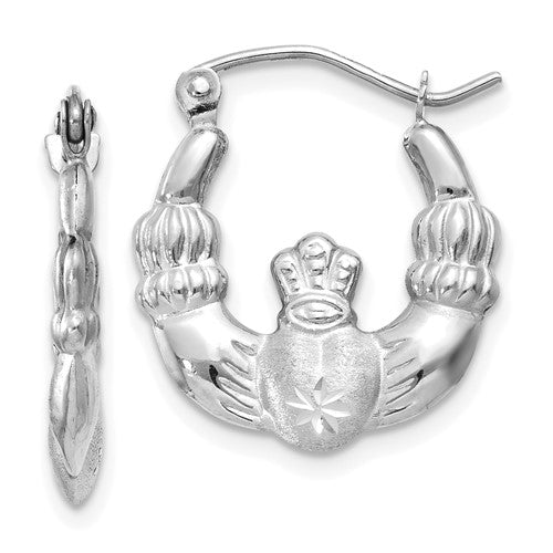 14k-white-gold-satin-and-diamond-cut-claddagh-hoop-earrings-SolomonJeweler-Wichita-KS-CustomJewelry