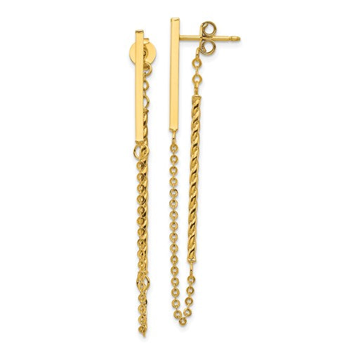 14k-polished-and-twisted-bar-w-chain-post-earrings-SolomonJeweler-Wichita-KS-CustomJewelry