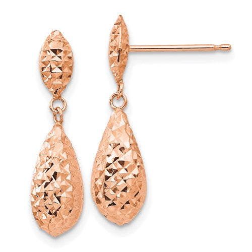 14k-rose-gold-diamond-cut-puff-teardrop-dangle-earrings-SolomonJeweler-Wichita-KS-CustomJewelry