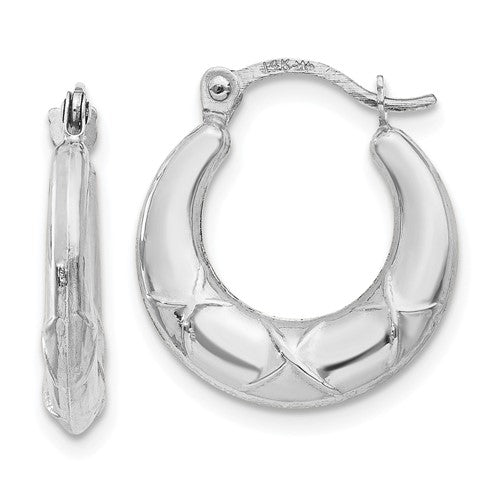 14K white gold hollow X hoop earrings with a sleek, modern design, featuring a polished finish and secure latch closure.