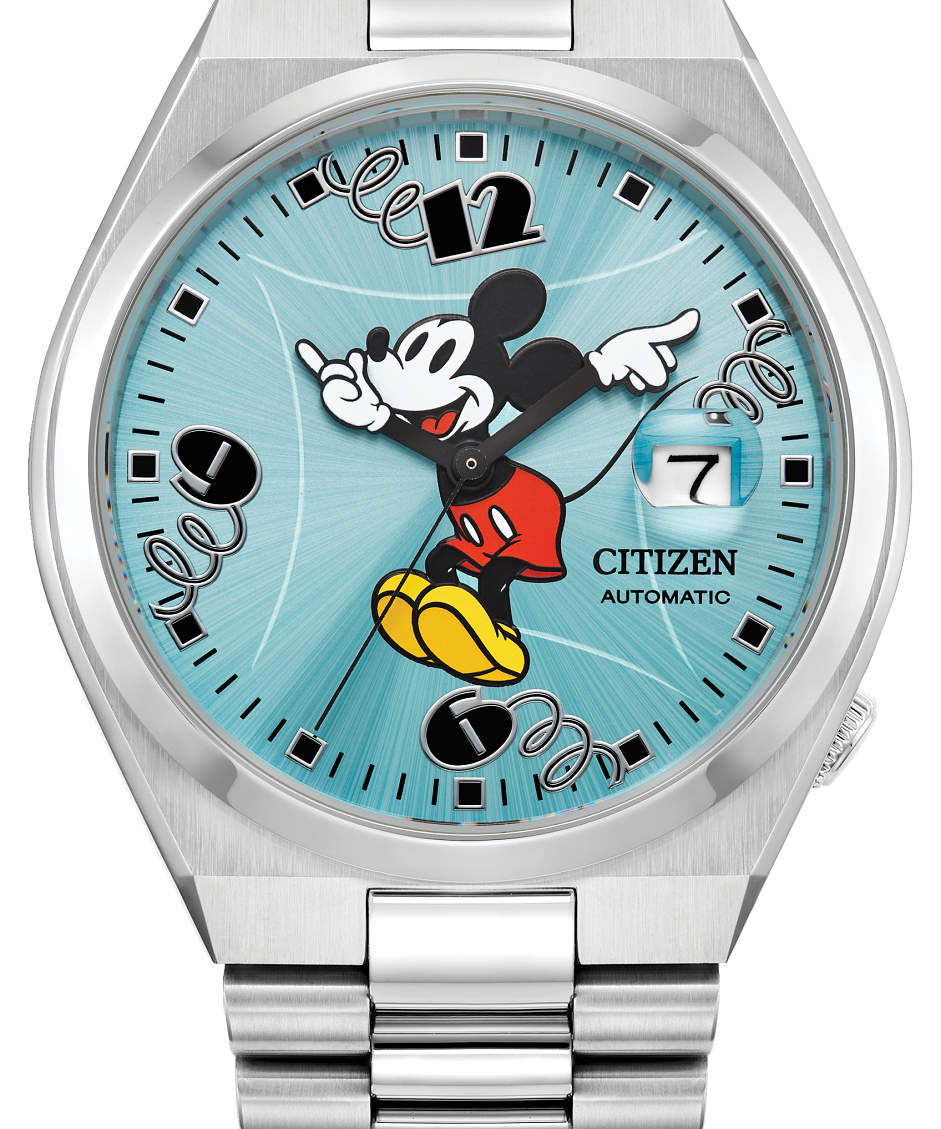 Citizen Mickey Mouse Automatic watch with a silver stainless steel case and link bracelet, featuring a light blue sunburst dial with a Mickey Mouse illustration and black Arabic numerals.