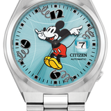 Citizen Mickey Mouse Automatic watch with a silver stainless steel case and link bracelet, featuring a light blue sunburst dial with a Mickey Mouse illustration and black Arabic numerals.
