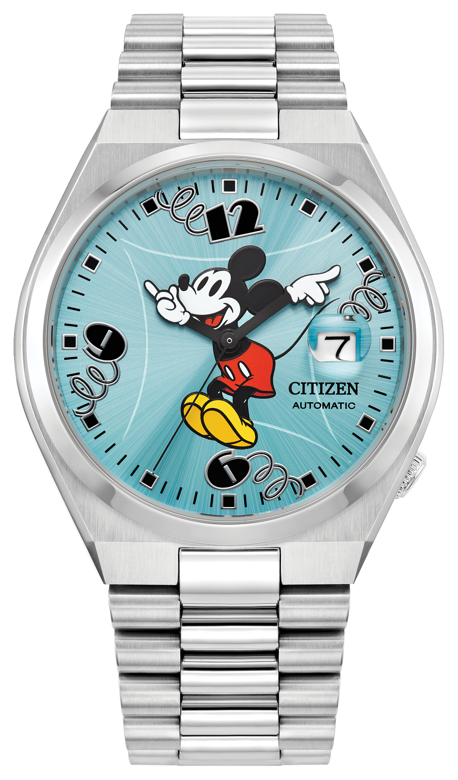 Citizen Mickey Mouse Automatic watch with a silver stainless steel case and link bracelet, featuring a light blue sunburst dial with a Mickey Mouse illustration and black Arabic numerals.