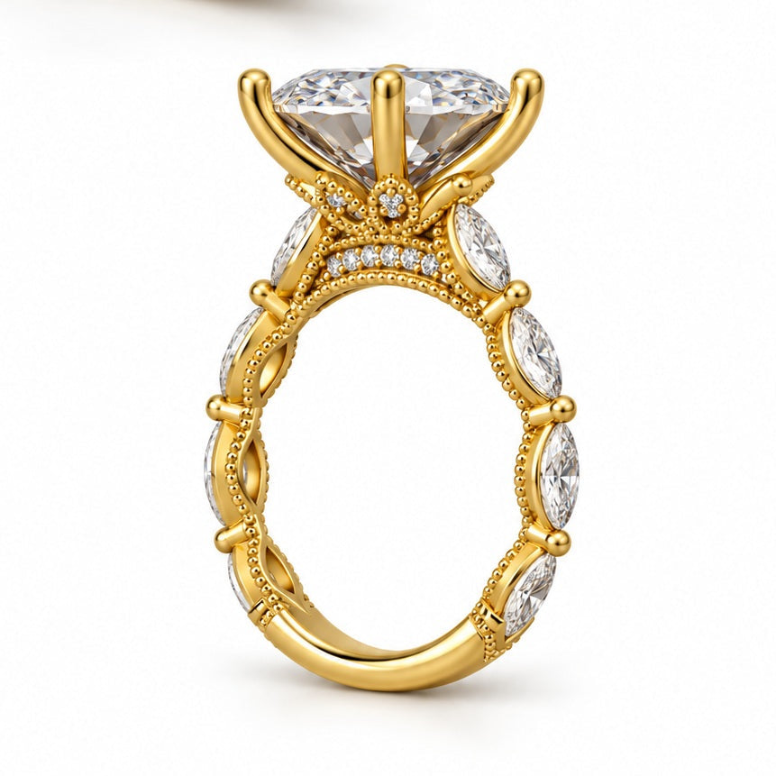 A yellow gold solitaire engagement ring featuring a large round brilliant-cut center stone and a shank adorned with small round and oval side stones, shown on a clean white background.