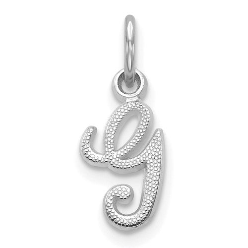14K white gold casted script letter G initial charm pendant with intricate design, perfect for jewelry and personalized accessories.