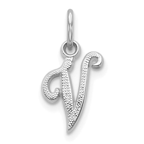 14kw-white-gold-casted-script-letter-v-initial-charm-SolomonJeweler-Wichita-KS-CustomJewelry