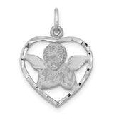 14k white gold angel in heart charm pendant with detailed engraving, perfect for necklace jewelry.