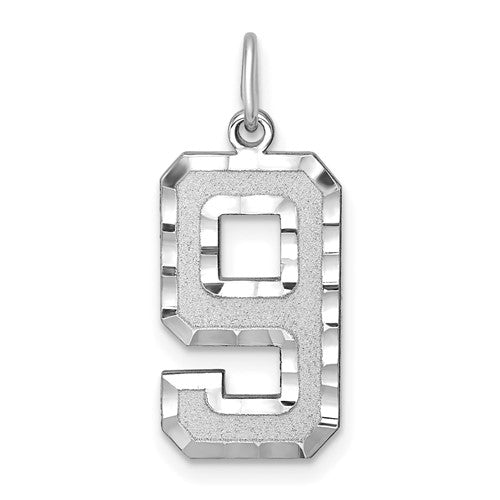 Gold pendant with a large brushed diamond-cut number 9 charm, 14kw gold, from Solomon Jewelers.