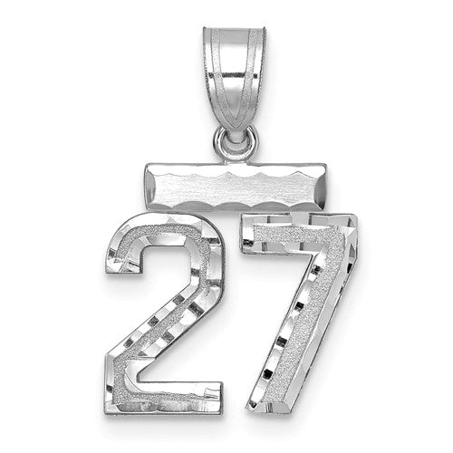 Gold pendant with a brushed diamond-cut number 27 charm, 14kw gold, featuring intricate detailing and a polished finish.