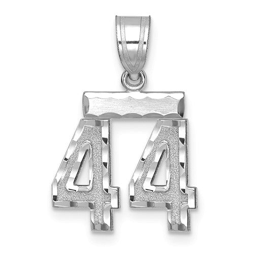 14kw gold pendant with brushed diamond-cut number 44 charm by Solomon Jewelers, showcasing detailed craftsmanship and elegant design.