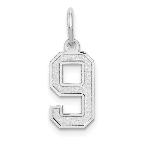 Gold satin number 9 charm with 14k gold finish, designed for pendants and charms, by Solomon Jewelers.