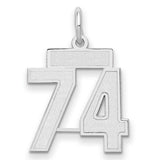 Gold satin number 74 charm with 14kw gold finish, ideal for jewelry pendants and charms, by Solomon Jewelers.