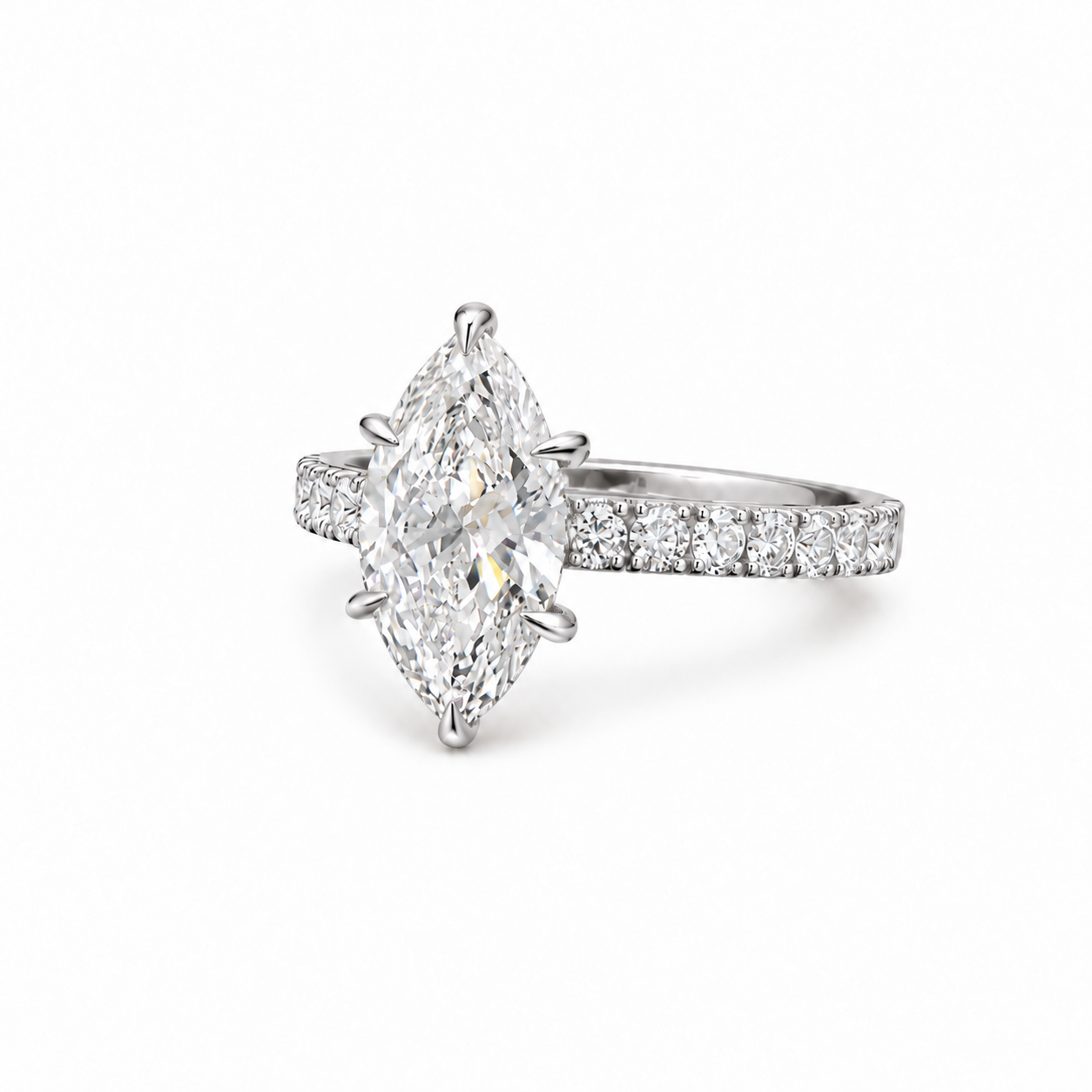 A silver-tone ring featuring a large marquise-cut diamond center stone and a pavé-set diamond band, shown on a clean white background.