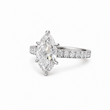 A silver-tone ring featuring a large marquise-cut diamond center stone and a pavé-set diamond band, shown on a clean white background.