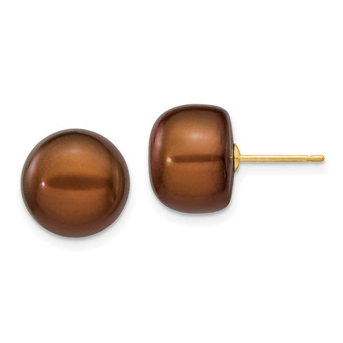 14k-11-12mm-brown-button-freshwater-cultured-pearl-stud-post-earrings-SolomonJeweler-Wichita-KS-CustomJewelry