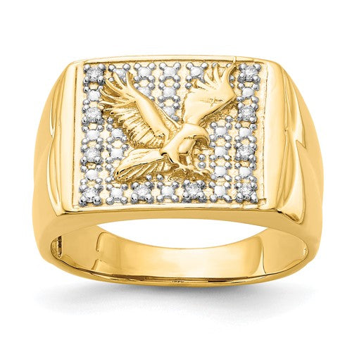 14k gold and rhodium men's diamond eagle ring with 0.10ct diamonds, showcasing detailed design and craftsmanship.