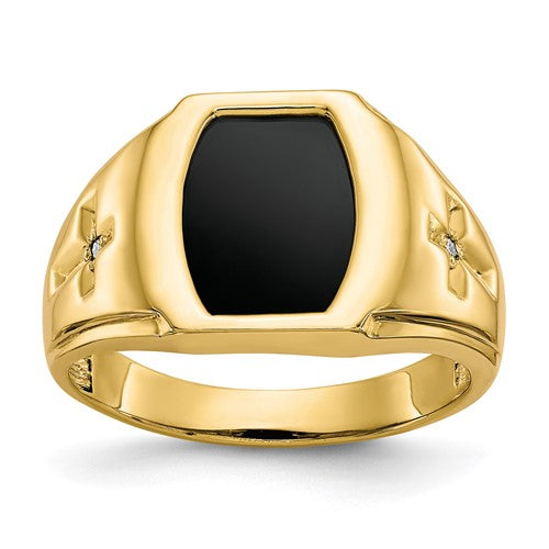 14k men's onyx and diamond cross ring featuring .01ct diamonds, crafted by Solomon Jewelers in elegant jewelry style.
