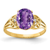 14k gold oval amethyst and diamond ring featuring a 9x7mm center stone, crafted by Solomon Jewelers.