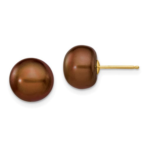 14k-9-10mm-brown-button-freshwater-cultured-pearl-stud-post-earrings-SolomonJeweler-Wichita-KS-CustomJewelry
