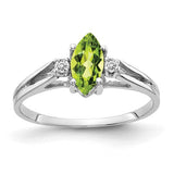 14k white gold ring featuring an 8x4mm marquise peridot and AA-grade diamonds, elegant jewelry from Solomon Jewelers