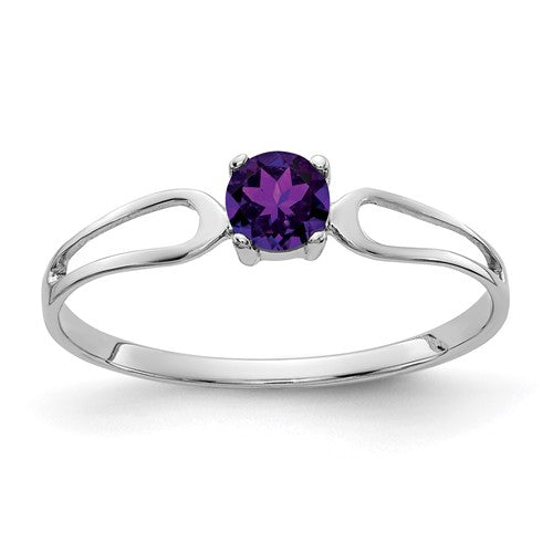 14k white gold amethyst ring featuring a 4mm purple gemstone, crafted by Solomon Jewelers, showcasing elegant jewelry design.