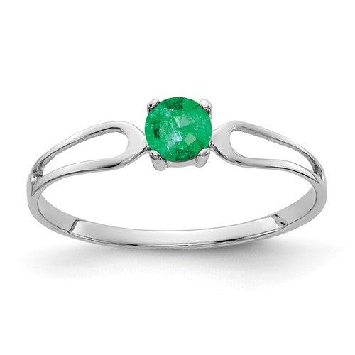 14k white gold emerald ring with a 4mm emerald gemstone, featuring a sleek jewelry design by Solomon Jewelers.