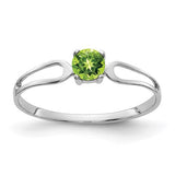 14k white gold peridot ring with a 4mm gemstone, featuring a sleek and elegant design by Solomon Jewelers.