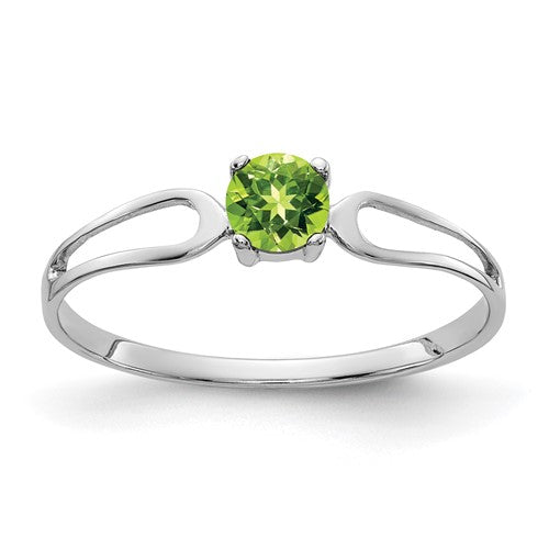 14k white gold peridot ring with a 4mm gemstone, featuring a sleek and elegant design by Solomon Jewelers.