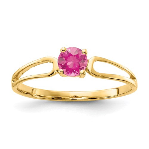 14k pink tourmaline ring featuring a 4mm gemstone, crafted by Solomon Jewelers, elegant jewelry ring for special occasions.