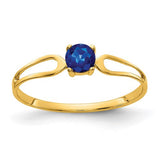 14k gold sapphire ring with a 4mm round blue sapphire gemstone, elegant jewelry ring from Solomon Jewelers.