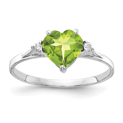 14k white gold heart-shaped peridot ring with AA diamonds, 7mm band, elegant jewelry piece featuring Solomon Jewelers craftsmanship.