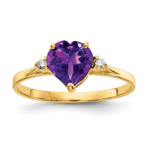 14k gold heart-shaped amethyst ring with AA diamonds from Solomon Jewelers, showcasing a 7mm gemstone and elegant design.