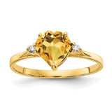 14k gold heart-shaped citrine ring with AA diamonds, featuring a 7mm gemstone, from Solomon Jewelers jewelry collection.