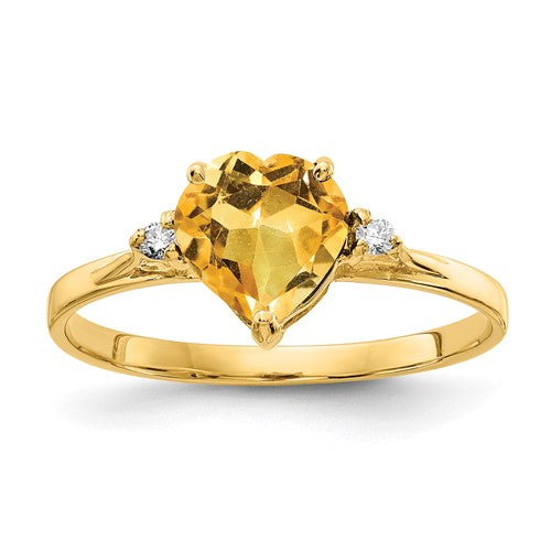 14k gold heart-shaped citrine ring with AA diamonds, featuring a 7mm gemstone, from Solomon Jewelers jewelry collection.
