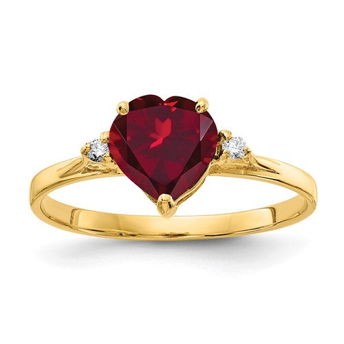 14k gold heart-shaped ring with created ruby and AA diamond accents, Solomon Jewelers jewelry ring.