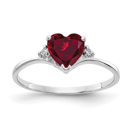 14k white gold ring with 6mm heart-shaped created ruby and AAA diamonds, elegant jewelry piece from Solomon Jewelers