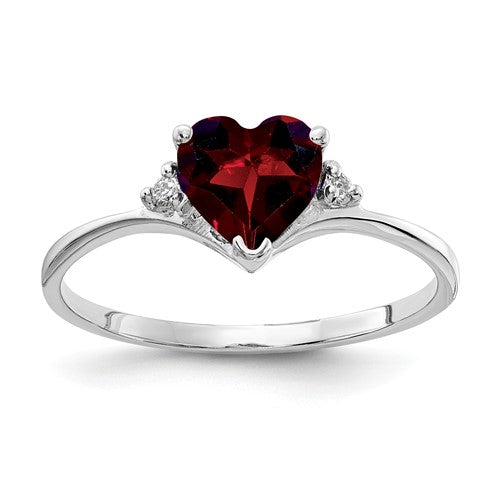 14k white gold ring with a 6mm heart-shaped garnet and AAA diamonds, featuring elegant jewelry design.