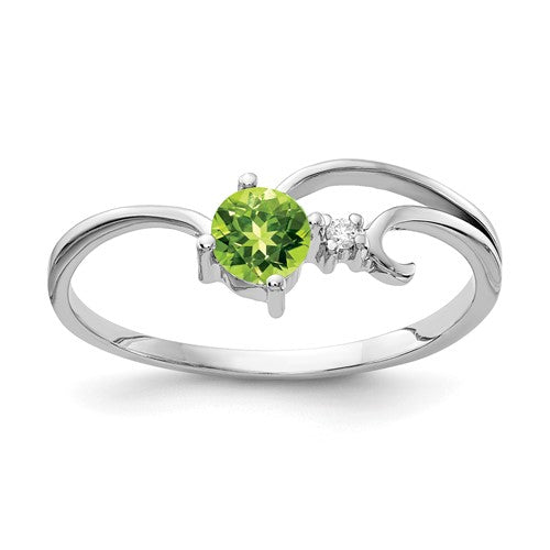 14k white gold ring with a 4mm peridot gemstone and AA quality diamonds, featuring elegant jewelry design.