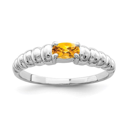 14k white gold oval citrine ring with 5x3mm gemstone, elegant jewelry piece featuring a polished design.