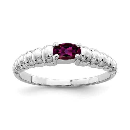 14k white gold oval Rhodolite Garnet ring with 5x3mm gemstone, elegant jewelry piece from Solomon Jewelers.