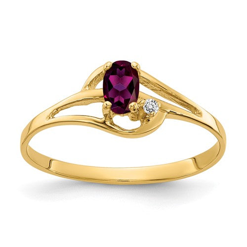 14k gold ring with 5x3mm oval Rhodolite Garnet and AA diamonds, elegant jewelry ring display