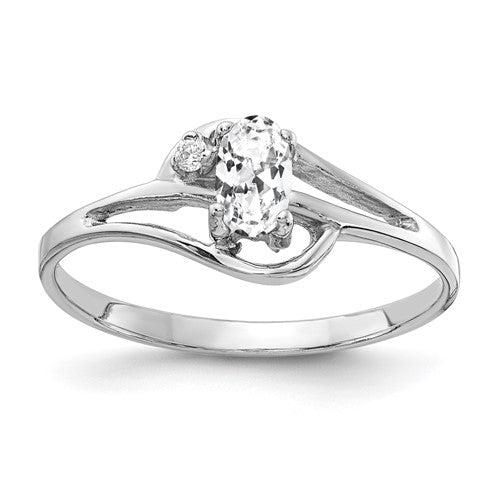 14k white gold oval cubic zirconia ring with AA diamond quality, featuring a 5x3mm central stone and elegant design.
