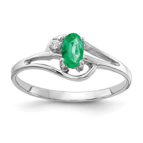 14k white gold oval emerald and AA diamond ring with 5x3mm stones, elegant jewelry piece from Solomon Jewelers.