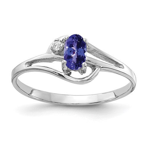 14k white gold ring featuring a 5x3mm oval tanzanite gemstone and AA-grade diamonds, from Solomon Jewelers.