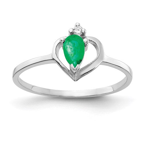 14k white gold ring with a 5x3mm pear-shaped emerald and AA-grade diamonds, elegant Solomon Jewelers jewelry ring