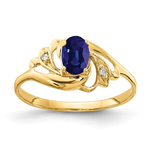 14k gold oval sapphire and AA diamond ring with 6x4mm stones, elegant jewelry piece from Solomon Jewelers.